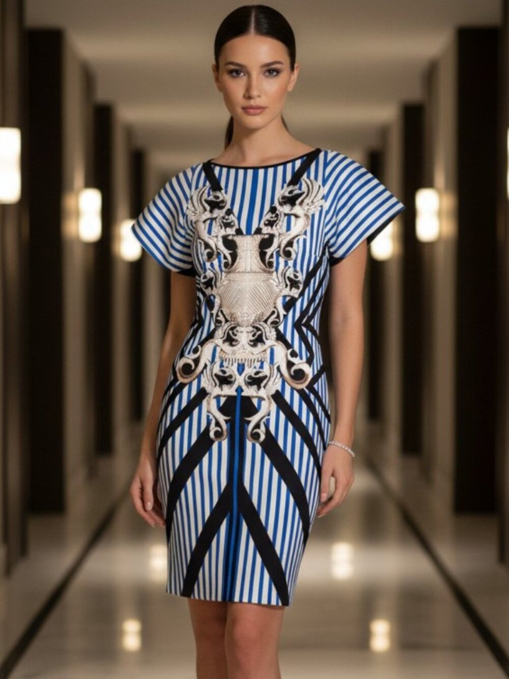 Clover Canyon Blue Stripe Baroque Print Bodycon Dress Scuba Size Small